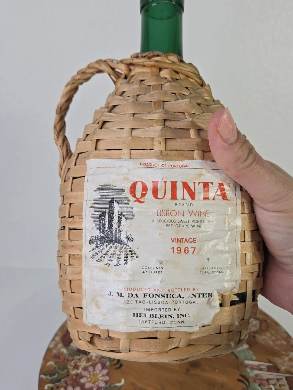 VTG Quinta Lisbon Wine Bottle Green Glass Wicker Wrapped Portugal 1967 Decor